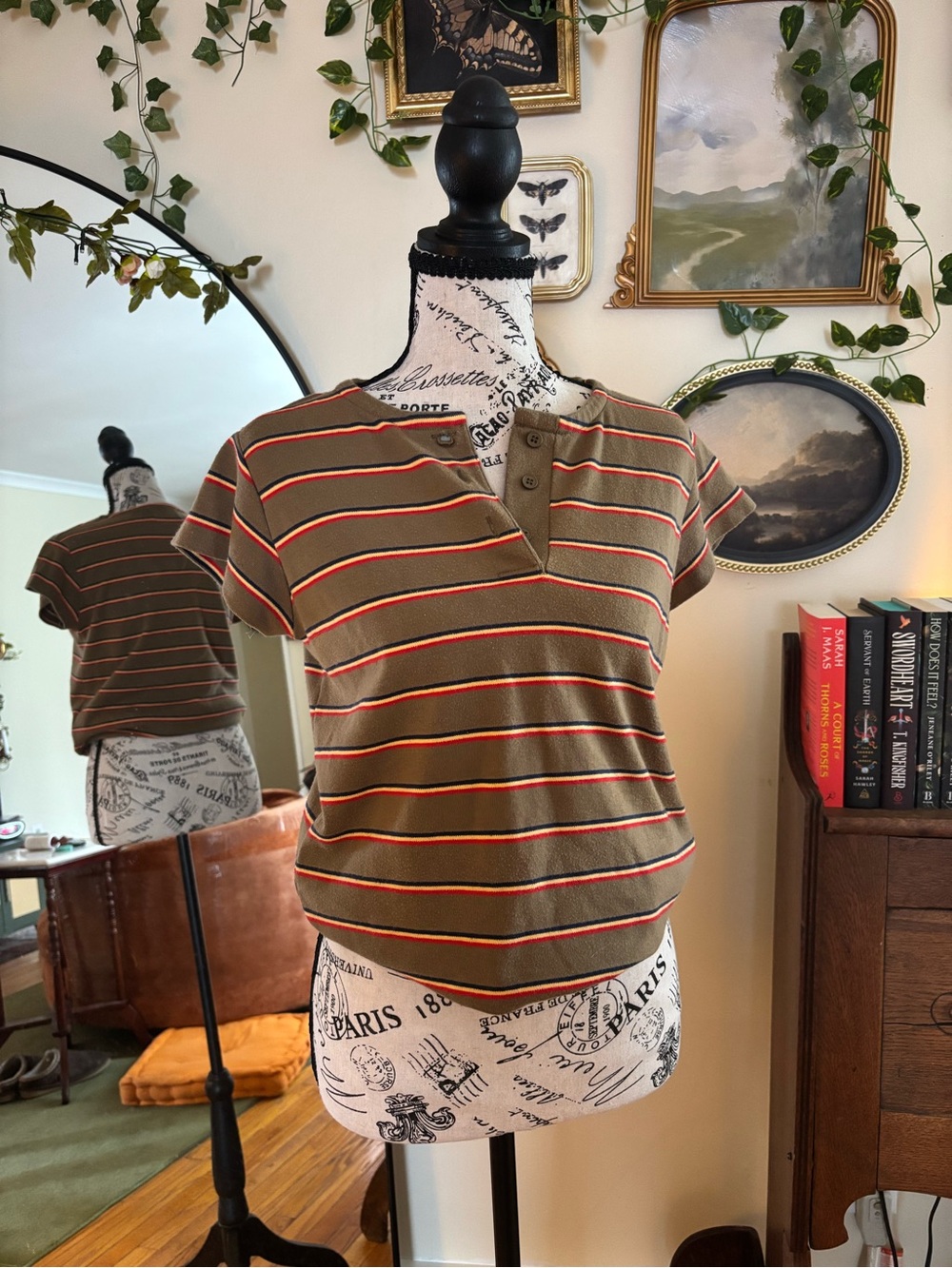Striped Short-Sleeve Henley Tee in Brown with Red & Cream Stripes